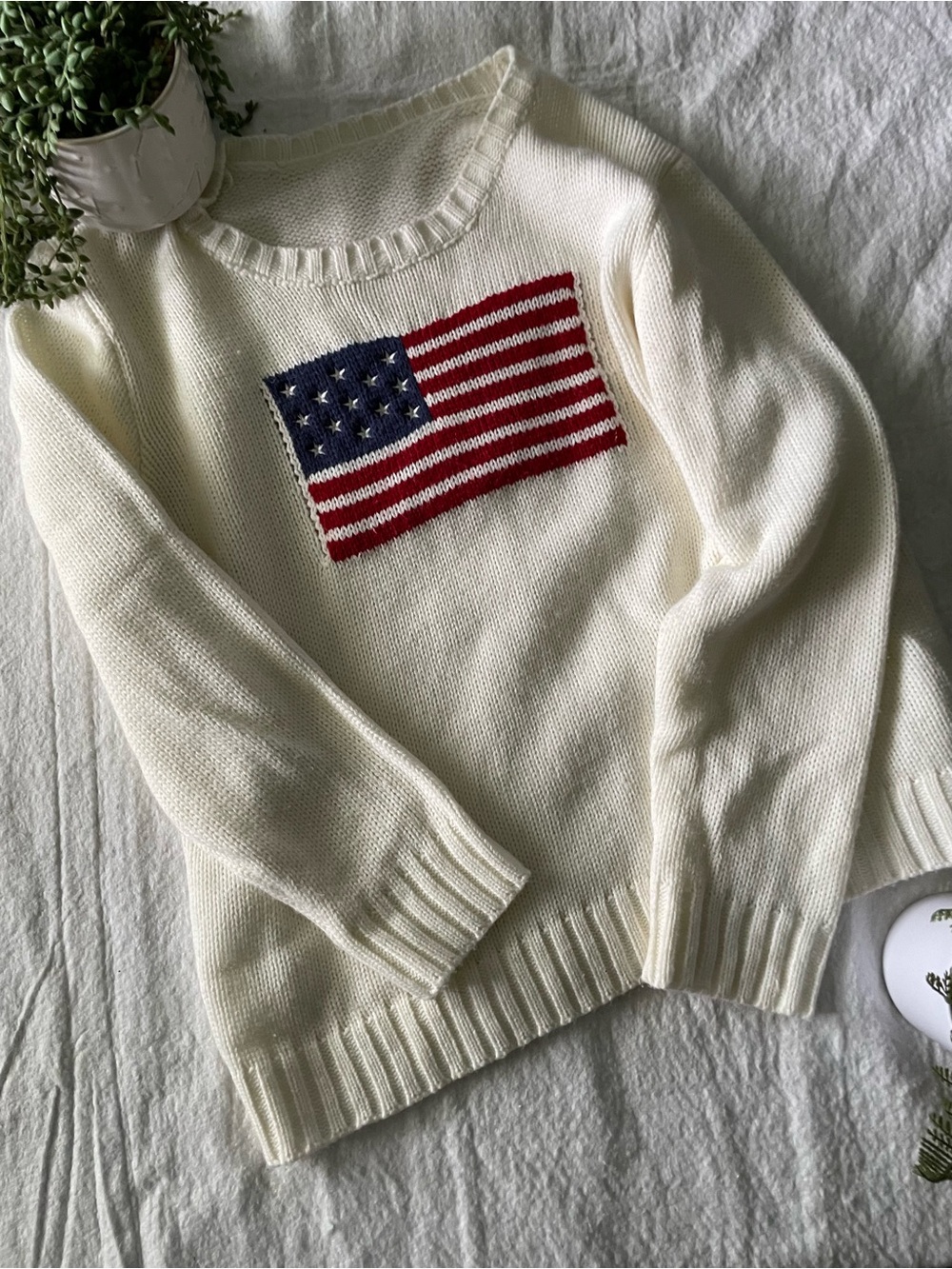 Cream Flag Knit Sweater - Women's Classic Crewneck